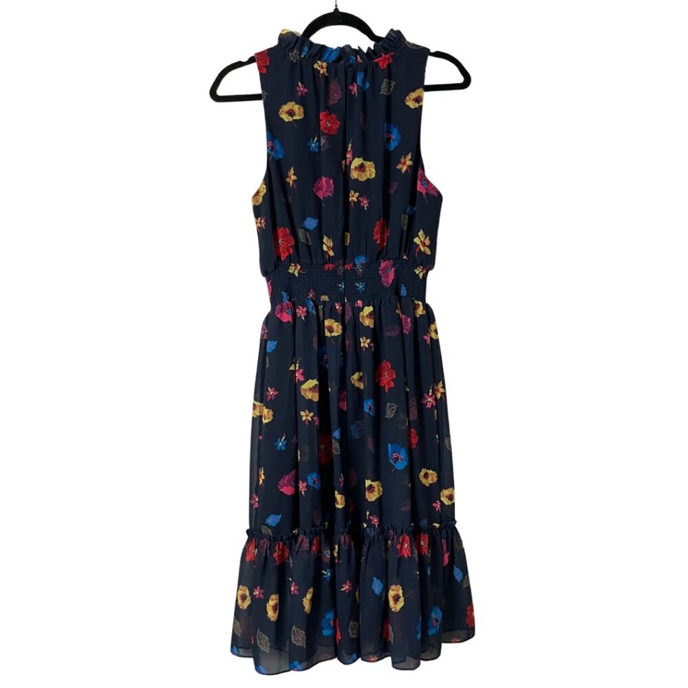 1901 Navy Floral Midi Dress Size 8 Medium Fun Spring Print Smocked Waist Ruffles - Picture 3 of 10